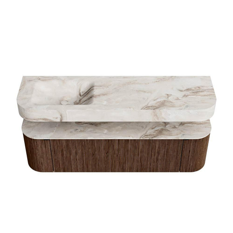 MONDIAZ THOR-DLUX 160cm meuble de salle de bains arrondi gauche + droite couleur Walnut avec 1 tiroir et 2 portes. Vasque suspendue CLOUD Gauche sans trou de robinet couleur Frappe. SW1464982