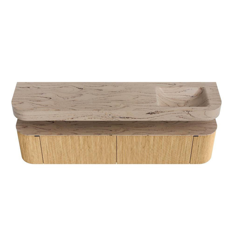 MONDIAZ THOR-DLUX 200cm meuble de salle de bains arrondi gauche + droite couleur Oak avec 2 tiroirs et 2 portes. Vasque suspendue CLOUD Droite 1 trou de robinet couleur Arena. SW1467057