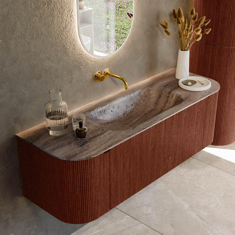 MONDIAZ KURVE-DLUX Meuble de salle de bains 140cm arrondi Gauche + Droite couleur Ruby avec 1 tiroir et 2 portes. Lavabo BIG SMALL Central sans trou de robinet Oza. SW1432799