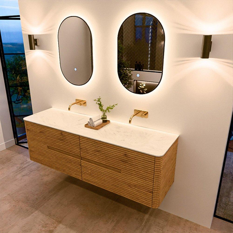 Mondiaz CIRO-DLUX Badkamermeubelset - 160x45x50cm - Solid surface wastafel Opalo - 2 wasbak Dubbel - zonder kraangaten - 4 lades - Oak SW1531053