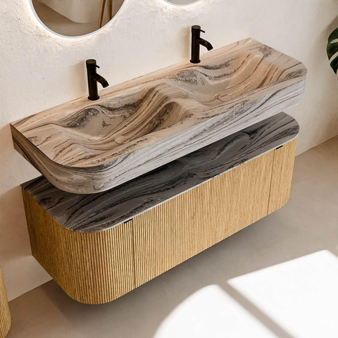 MONDIAZ THOR-DLUX 130cm badmeubel ronding links + rechts kleur Oak met 1 lade en 2 deuren. Vrijhangende wastafel CLOUD Dubbel 2 kraangaten kleur Sombra. SW1464044