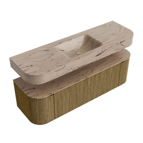 MONDIAZ THOR-DLUX 150cm meuble de salle de bains arrondi gauche + droite couleur Dusk avec 1 tiroir et 2 portes. Vasque suspendue CLOUD centrale sans trou de robinet couleur Arena. SW1464735