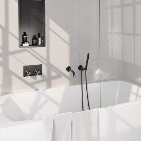BRAUER gunmetal Edition robinet de baignoire encastré thermostatique - boutons-poussoirs SET 03 - bec - douchette barre - flexible de douche - coude mural - gunmetal brossé PVD SW925710