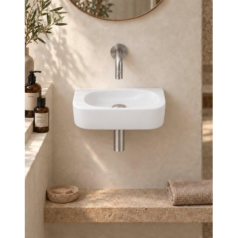 QeramiQ Fuente fonteinset – halfrond – 40x21.5x12 cm – keramiek wit mat – zonder kraangat – kraan geborsteld RVS SW1233099