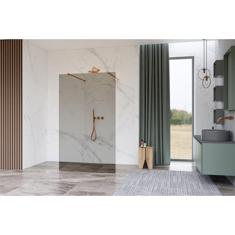 Fortifura Galeria Vrijstaande Inloopdouche - 100x200cm - Rookglas - antikalk - 8mm veiligheidsglas - wandsteunen - PVD - geborsteld koper SW992878