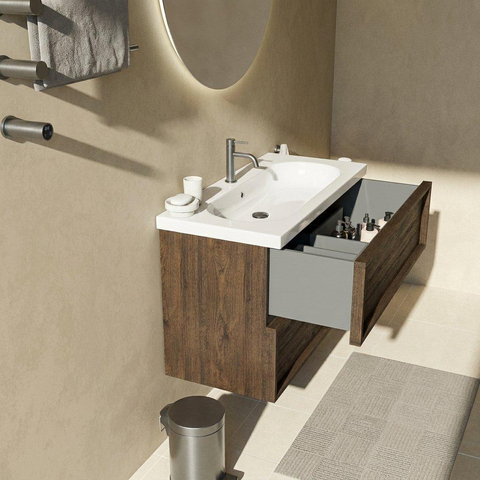 Saniclass Holz Frame Ensemble meuble de salle de bains - 100x45x63.5cm - Palermo lavabo en céramique blanc - 1 vasque - 1 trou de robinet - 2 tiroirs - chêne charcoal mat (bois) SW1579716