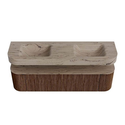 MONDIAZ THOR-DLUX 170cm badmeubel ronding links + rechts kleur Walnut met 1 lade en 2 deuren. Vrijhangende wastafel CLOUD Dubbel zonder kraangat kleur Arena. SW1465795
