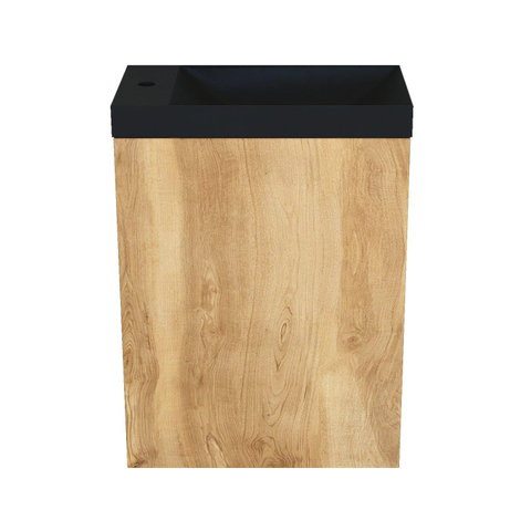 Arcqua Marble lave-mains – 40 x 22 x 54,5 cm – marbre noir mat – sans robinet – cadre chêne naturel, sans trop-plein SW909591