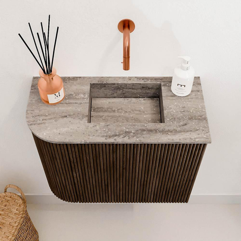 Mondiaz JOYA-DLUX 51.6cm toiletmeubel - ronding links kleur Walnut - Wastafel FAYE positie Rechts Zonder kraangat kleur Oza. SW1424573