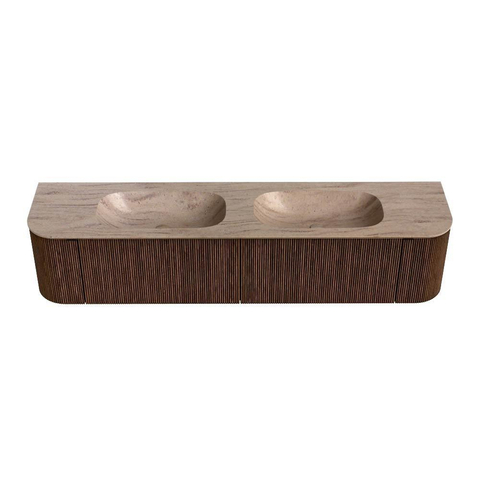 MONDIAZ KURVE-DLUX 200cm badmeubel ronding Links + Rechts kleur Walnut met 2 lades en 2 deuren. Wastafel STOR SMALL Dubbel 2 kraangaten Saba. SW1433229