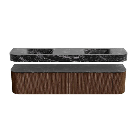 MONDIAZ THOR-DLUX 200cm badmeubel ronding links + rechts kleur Walnut met 2 lades en 2 deuren. Vrijhangende wastafel CLOUD Dubbel zonder kraangat kleur Lava. SW1466984