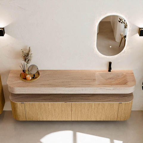 MONDIAZ THOR-DLUX Meuble de salle de bains - 200cm - arrondi gauche + droite - couleur Oak - 2 tiroirs et 2 portes - Vasque suspendue CLOUD Droite 1 trou de robinet couleur Saba SW1467215