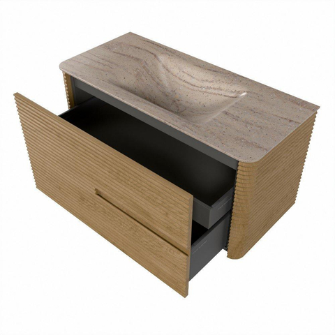 Mondiaz CIRO-DLUX Meuble de salle de bains - 100x45x50cm - Plan vasque Solid surface Saba - 1 lavabo au milieu - 1 trou de robinet - 2 tiroirs - Chêne SW1531172