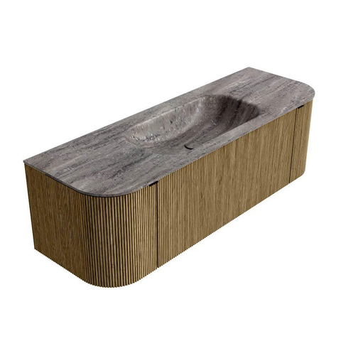 MONDIAZ KURVE-DLUX 140cm badmeubel ronding Links + Rechts kleur Dusk met 1 lade en 2 deuren. Wastafel BIG SMALL Midden 1 kraangat Oza. SW1432987