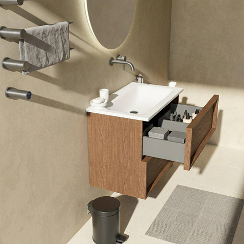 Saniclass Holz Frame Badkamermeubelset - 80x45x77.5cm - Torino solid surface wastafel wit - zonder kraangat - 2 lades - mat walnut pure (hout) SW1579917