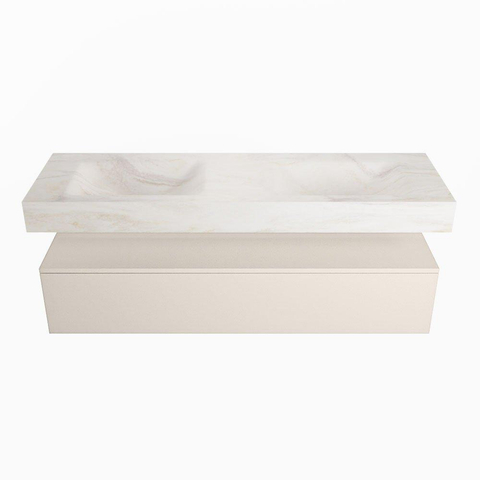 Mondiaz ALAN-DLUX Ensemble de meuble - 150cm - meuble Linen mat - 1 tiroir - Lavabo Cloud Ostra suspendu - vasque Gauche et droite - 0 trous de robinet SW807265