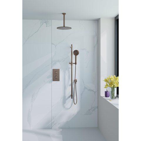 Fortifura Calvi Ensemble de douche à encastrer - thermostatique - bras plafond - glissière - douche principale de 30 cm - douchette ronde - flexible de douche lisse - Cuivre brossé PVD SW1412124