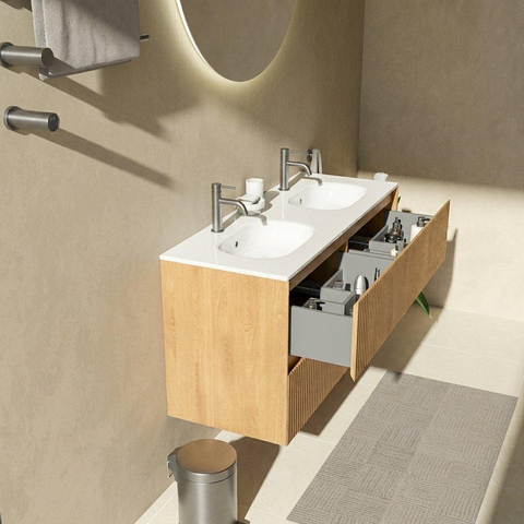 Saniclass Holz Atelier Badkamermeubelset - 120x45x74cm - Chaci keramische wastafel wit - 2 wasbakken - 2 kraangaten - 4 lades - mat eiken natural (hout) SW1478272