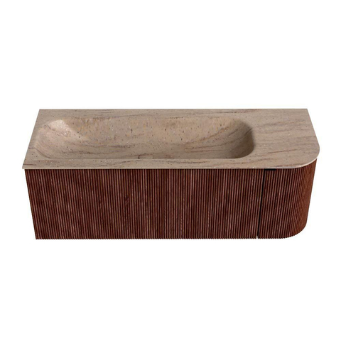 MONDIAZ KURVE-DLUX Meuble de salle de bains 125cm arrondi à droite couleur Ruby avec 1 tiroir et 1 porte. Lavabo BIG MEDIUM à gauche sans trou de robinet Saba. SW1433472