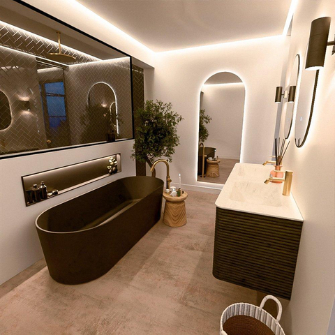 Mondiaz CIRO-DLUX Meuble de salle de bains - 140x45x50cm - Plan vasque solid surface Opalo - 2 vasques double - 2 perçages de robinet - 4 tiroirs - Shadow SW1532406