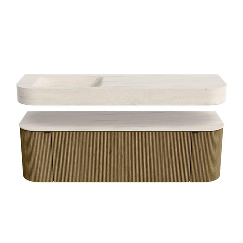 MONDIAZ THOR-DLUX 150cm meuble de salle de bains arrondi gauche + droite couleur Dusk avec 1 tiroir et 2 portes. Vasque suspendue CLOUD Gauche 1 trou de robinet couleur Meli. SW1464760