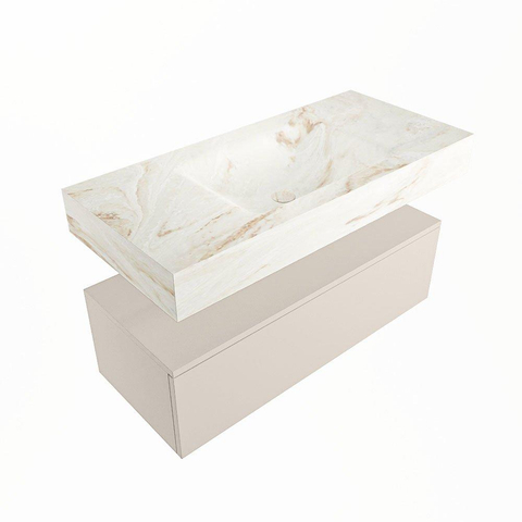 Mondiaz ALAN-DLUX Ensemble de meuble - 100cm - meuble Linen mat - 1 tiroir - Lavabo Cloud Frappe suspendu - vasque Centre - 0 trous de robinet SW805296
