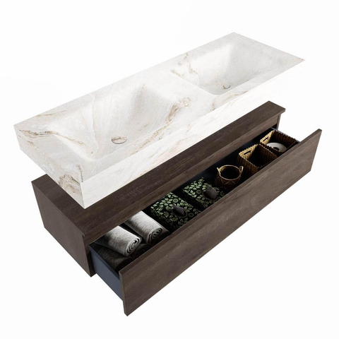 Mondiaz ALAN-DLUX Badkamermeubelset - 200x46cm - 1 lade - vrijhangende wastafel - zonder kraangaten - 1 dubbel - Dark brown (eiken donker) SW1244994