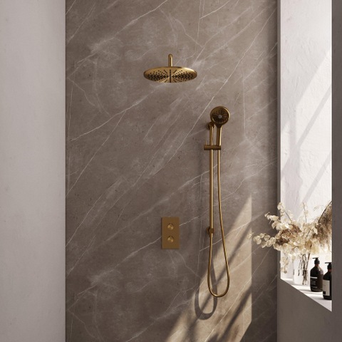 BRAUER Gold Edition Ensemble de douche de pluie encastré - pomme de douche 30cm - bouton lisse - élément encastré inclus - douchette ronde 3 positions - barre coulissante - PVD - or brossé SW547707