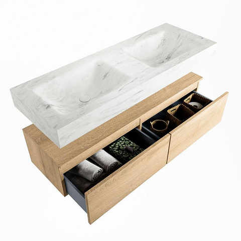 Mondiaz ALAN-DLUX Ensemble de meuble - 130cm - meuble Washed Oak mat - 2 tiroirs - Lavabo Cloud Opalo suspendu - vasque Gauche et droite - 2 trous de robinet SW809181