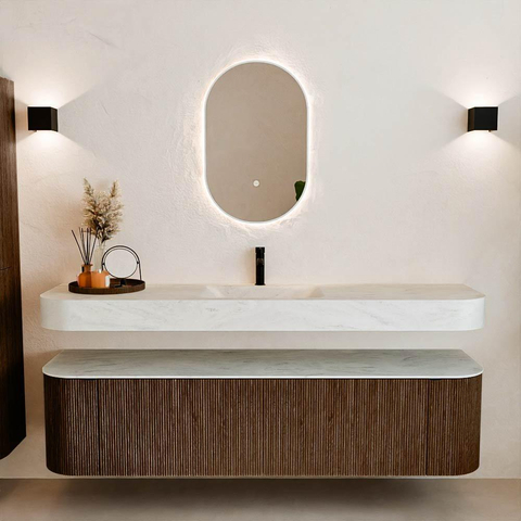 MONDIAZ THOR-DLUX 180cm meuble de salle de bains arrondi gauche + droite couleur Walnut avec 2 tiroirs et 2 portes. Vasque suspendue CLOUD Milieu 1 trou de robinet couleur Opalo. SW1465981