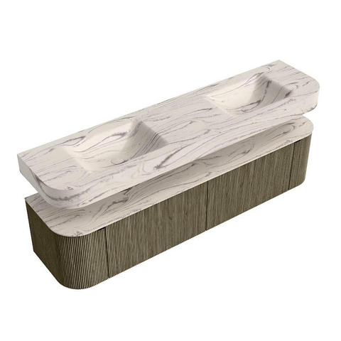 MONDIAZ THOR-DLUX Meuble de salle de bains - 190cm - arrondi gauche + droite - couleur Shadow - 2 tiroirs - 2 portes - Vasque suspendue CLOUD Double 2 trous de robinet - couleur Nata SW1466785