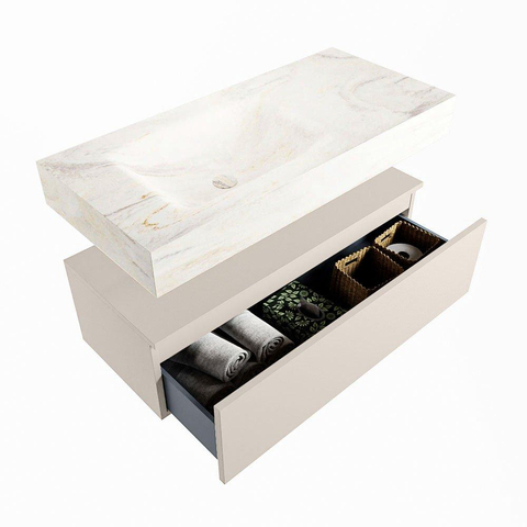 Mondiaz ALAN-DLUX Ensemble de meuble - 100cm - meuble Linen mat - 1 tiroir - Lavabo Cloud Ostra suspendu - vasque Gauche - 0 trous de robinet SW807172