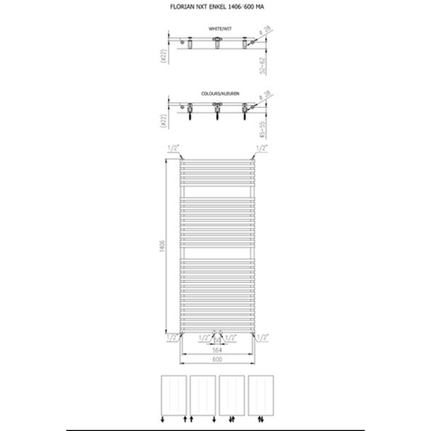 Plieger Florian Nxt M radiateur design simple horizontal avec raccordement central 1406x600mm 881W blanc 7255187
