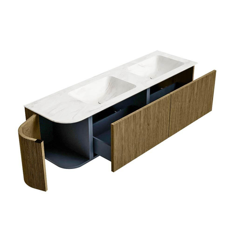 Mondiaz KURVE-DLUX Badkamermeubelset - 155x46x40cm - 2 lade - 1 deur - wastafel solid surface - dubbel / rechts - zonder kraangat - Dusk SW1415178