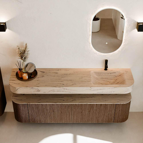 MONDIAZ THOR-DLUX 180cm badmeubel ronding links + rechts kleur Walnut met 2 lades en 2 deuren. Vrijhangende wastafel CLOUD Rechts 1 kraangat kleur Arena. SW1466115