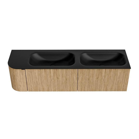 MONDIAZ KURVE 165cm badmeubel met module 25 L kleur Oak met 2 lades en 1 deur. Wastafel BIG SMALL dubbel / rechts zonder kraangat Urban. SW1138447