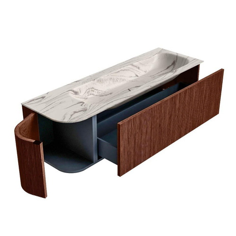 MONDIAZ KURVE-DLUX meuble de salle de bains 145cm arrondi à gauche couleur Ruby avec 1 tiroir et 1 porte. Lavabo BIG LARGE à droite 2 trous de robinet Nata. SW1432566