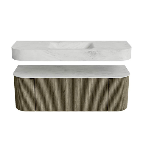MONDIAZ THOR-DLUX 130cm meuble de salle de bains arrondi gauche + droite couleur Shadow avec 1 tiroir et 2 portes. Vasque suspendue CLOUD Milieu 1 trou de robinet couleur Opalo. SW1463752