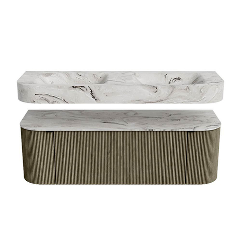MONDIAZ THOR-DLUX 140cm badmeubel ronding links + rechts kleur Shadow met 1 lade en 2 deuren. Vrijhangende wastafel CLOUD Dubbel 2 kraangaten kleur Glace. SW1464188
