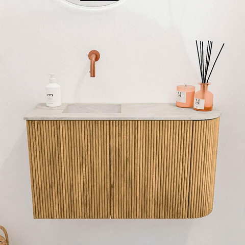 Mondiaz JOYA-DLUX 71.6cm toiletmeubel - ronding rechts kleur Oak - Wastafel FAYE positie Links Zonder kraangat kleur Ostra. SW1422254