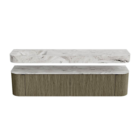 MONDIAZ THOR-DLUX 200cm meuble de salle de bains arrondi gauche + droite couleur Shadow avec 2 tiroirs et 2 portes. Vasque suspendue CLOUD Gauche 1 trou de robinet couleur Glace. SW1467022