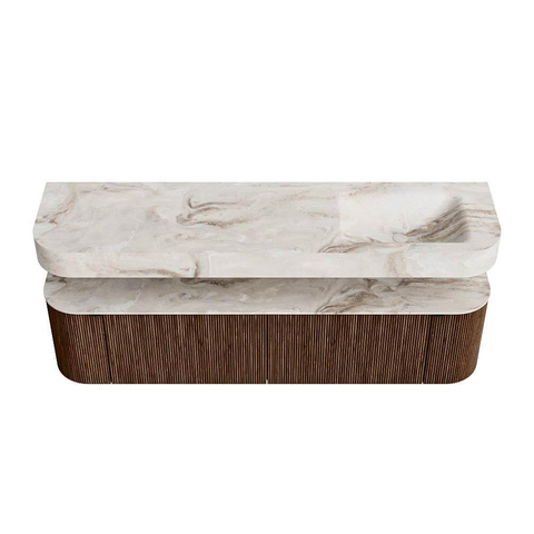 MONDIAZ THOR-DLUX 180cm badmeubel ronding links + rechts kleur Walnut met 2 lades en 2 deuren. Vrijhangende wastafel CLOUD Rechts 1 kraangat kleur Frappe. SW1465945