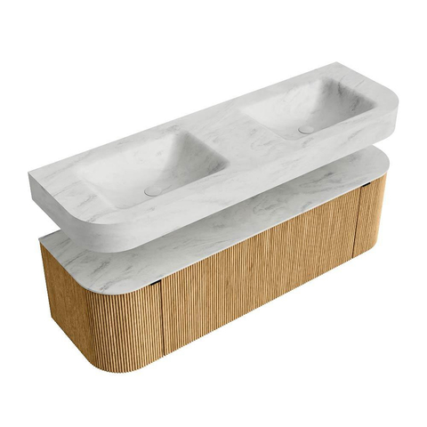 MONDIAZ THOR-DLUX 150cm badmeubel ronding links + rechts kleur Oak met 1 lade en 2 deuren. Vrijhangende wastafel CLOUD Dubbel 2 kraangaten kleur Opalo. SW1464636
