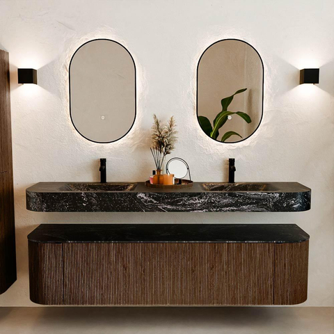 MONDIAZ THOR-DLUX 180cm badmeubel ronding links + rechts kleur Walnut met 2 lades en 2 deuren. Vrijhangende wastafel CLOUD Dubbel 2 kraangaten kleur Lava. SW1465947