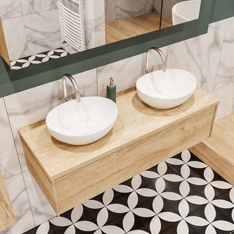 ENSEMBLE DE MEUBLE MONDIAZ LUSH - 120cm - 1 tiroir - lavabo BARCO - 2 lavabos - 2 trous de robinet - chêne blanchi SW409585