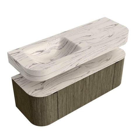 MONDIAZ THOR-DLUX 130cm meuble de salle de bains arrondi gauche + droite couleur Shadow avec 1 tiroir et 2 portes. Vasque suspendue CLOUD Gauche sans trou de robinet couleur Nata. SW1463862