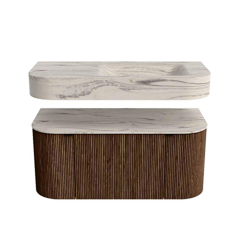 MONDIAZ THOR-DLUX 100cm meuble de salle de bains arrondi gauche + droite couleur Walnut avec 1 tiroir et 2 portes. Vasque suspendue CLOUD Droite sans trou de robinet couleur Nata. SW1467504