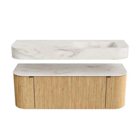 MONDIAZ THOR-DLUX 130cm meuble de salle de bains arrondi gauche + droite couleur Oak avec 1 tiroir et 2 portes. Vasque suspendue CLOUD Droite 1 trou de robinet couleur Ostra. SW1463555