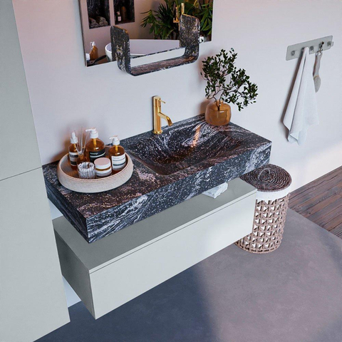 Mondiaz ALAN-DLUX Ensemble de meuble - 100cm - meuble Clay mat - 1 tiroir - Lavabo Cloud Lava suspendu - vasque Droite - 1 trou de robinet SW808514