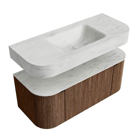 MONDIAZ THOR-DLUX 110cm meuble de salle de bains arrondi gauche + droite couleur Walnut avec 1 tiroir et 2 portes. Vasque suspendue CLOUD Milieu sans trou de robinet couleur Opalo. SW1462751